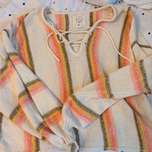 Billabong Striped V-Neck Sweater with Lace-Up